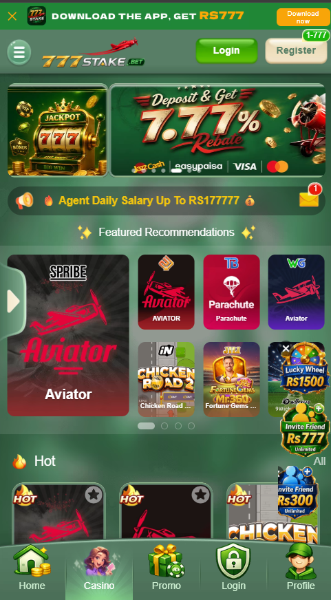 777Stake welcome screen featuring bonus offers and game categories