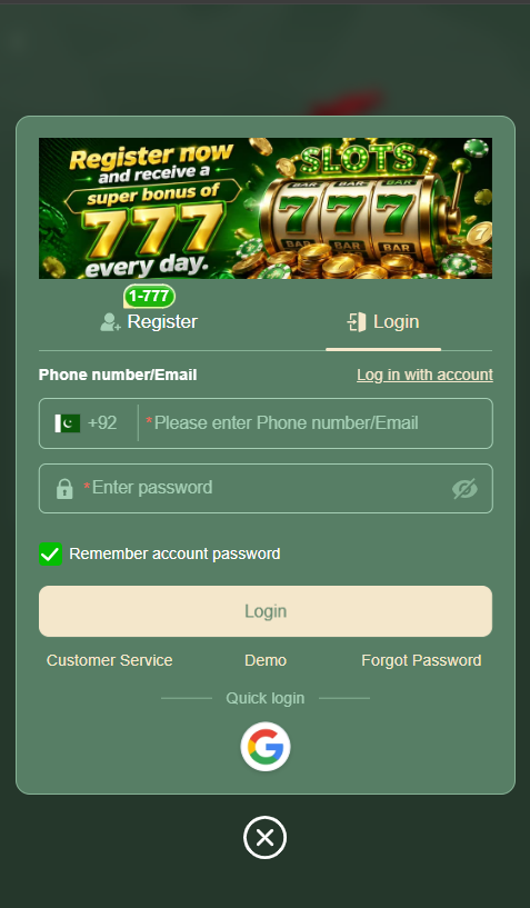 Account and login screen for 777Stake platform