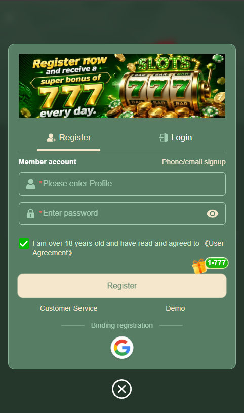 Account registration screen for 777Stake platform
