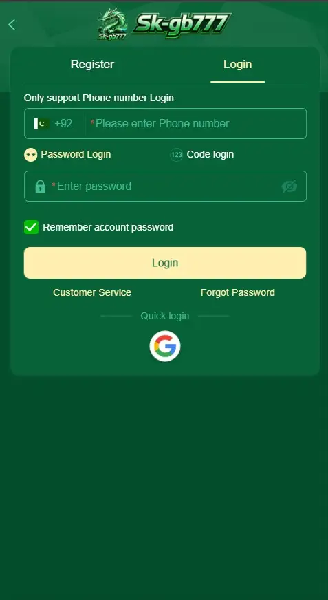 SK GB 777 login interface mobile app